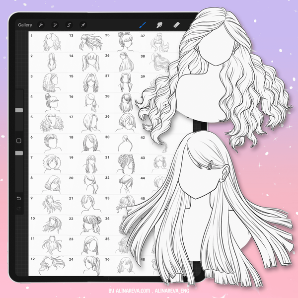 Procreate 74 anime manga chibi hairstyles brushes. Кисти аниме прически 75AnimeHair фото