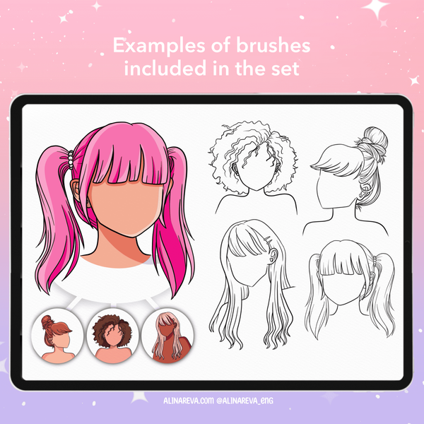 Procreate 74 anime manga chibi hairstyles brushes. Кисти аниме прически 75AnimeHair фото