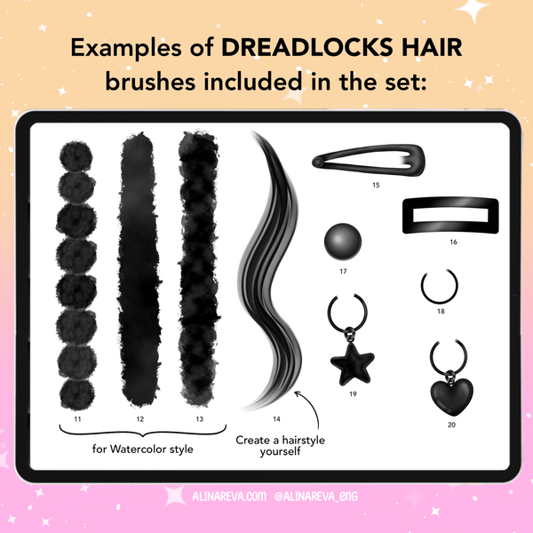 Procreate 20 Dreadlocks Brushes. Пензлі дреди, пензлі для волосся Dreadlock20 фото