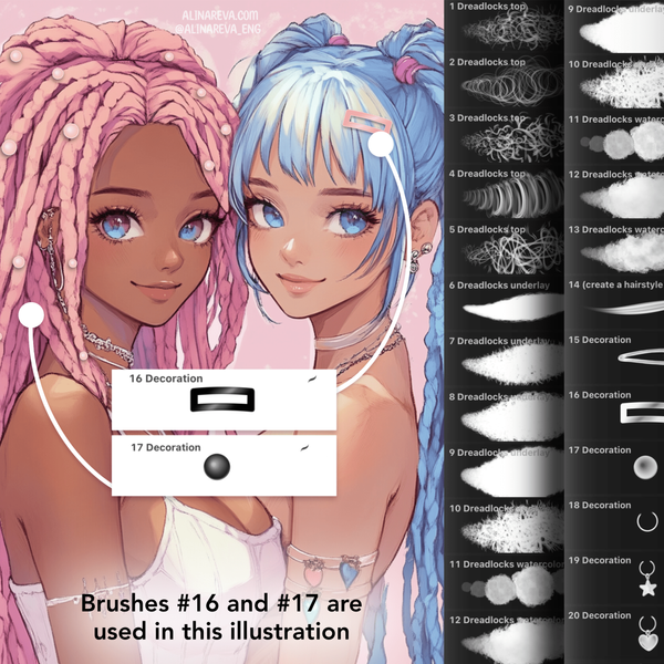 Procreate 20 Dreadlocks Brushes. Пензлі дреди, пензлі для волосся Dreadlock20 фото