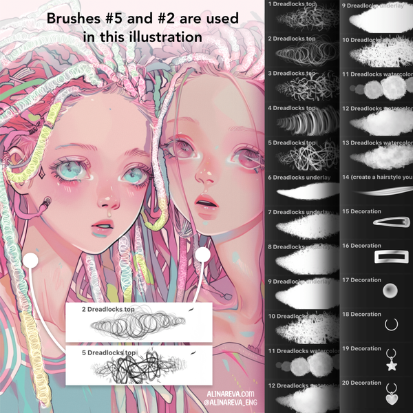 Procreate 20 Dreadlocks Brushes. Пензлі дреди, пензлі для волосся Dreadlock20 фото