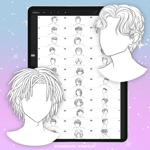 Procreate 35 male anime hairstyles brushes. Мужские аниме прически 35AnimeHair фото