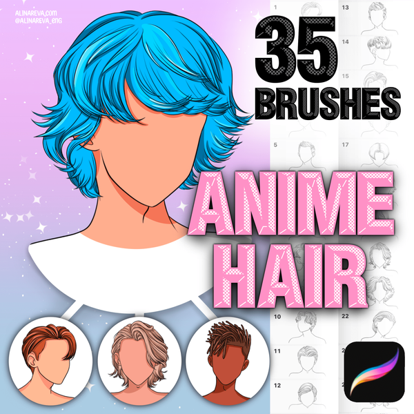 Procreate 35 male anime hairstyles brushes. Мужские аниме прически 35AnimeHair фото