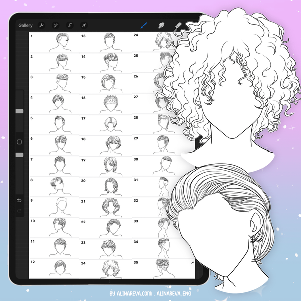 Procreate 35 male anime hairstyles brushes. Мужские аниме прически 35AnimeHair фото