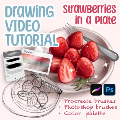 Procreate Drawing tutorial. Realistic Strawberry in Procreate. Drawing Video Course. Procreate Brushes. How to Draw