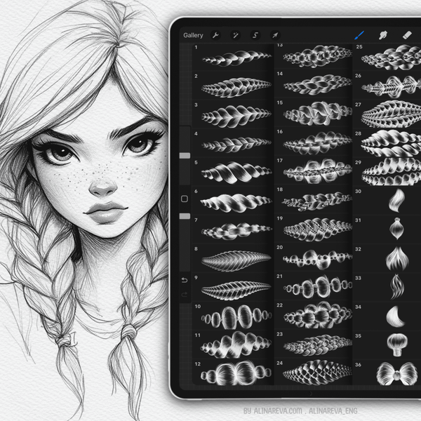 Procreate 45 Hair Pencil Braids brushes. Пензлі коси 45HairSketch фото