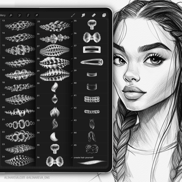 Procreate 45 Hair Pencil Braids brushes. Пензлі коси 45HairSketch фото