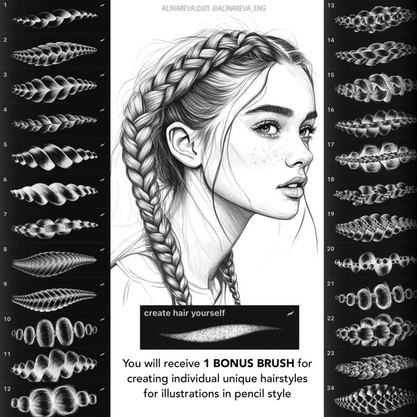 Procreate 45 Hair Pencil Braids brushes. Кисти косы 45HairSketch фото