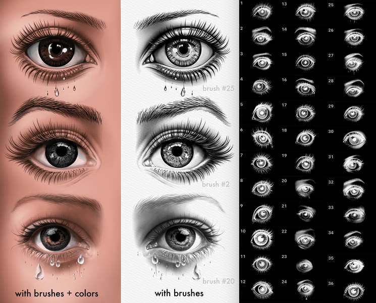 Procreate 55 Female Eye brushes. Procreate eyes portrait stamps