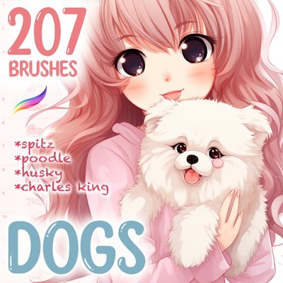 Procreate 207 dogs brushes. Procreate Spitz, Poodle, Husky, Charles King dogs brushes