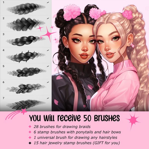 Procreate 50 Hair Braids brushes. Кисти косы 50Braids фото