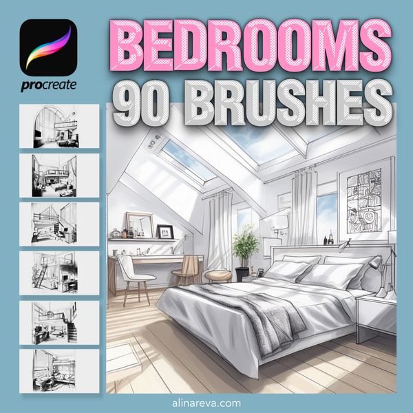 Procreate bedrooms interior brushes. Кисти спальные комнаты 90Bedrooms фото